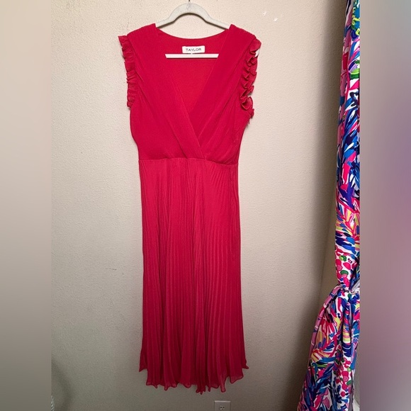 Taylor Raspberry Red Pleated Chiffon Ruffle Sleeve Empire Waist Midi Dress 14 - Picture 13 of 14